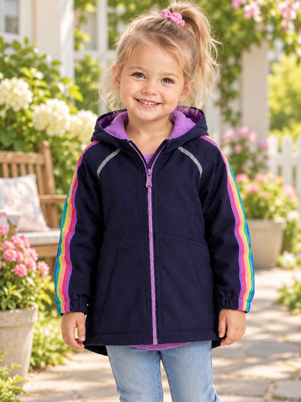 Athletic Works Navy Hooded Jacket with Pink Rainbow Stripe Accents